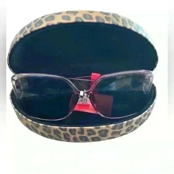 Bob Mackie Clear Purple  Gold Accent Black Lens Sunglasses NWT and leopard case